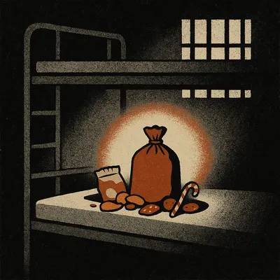 Prison cell bunk with Christmas goodie bag spilling chips, cookies, and candy cane
