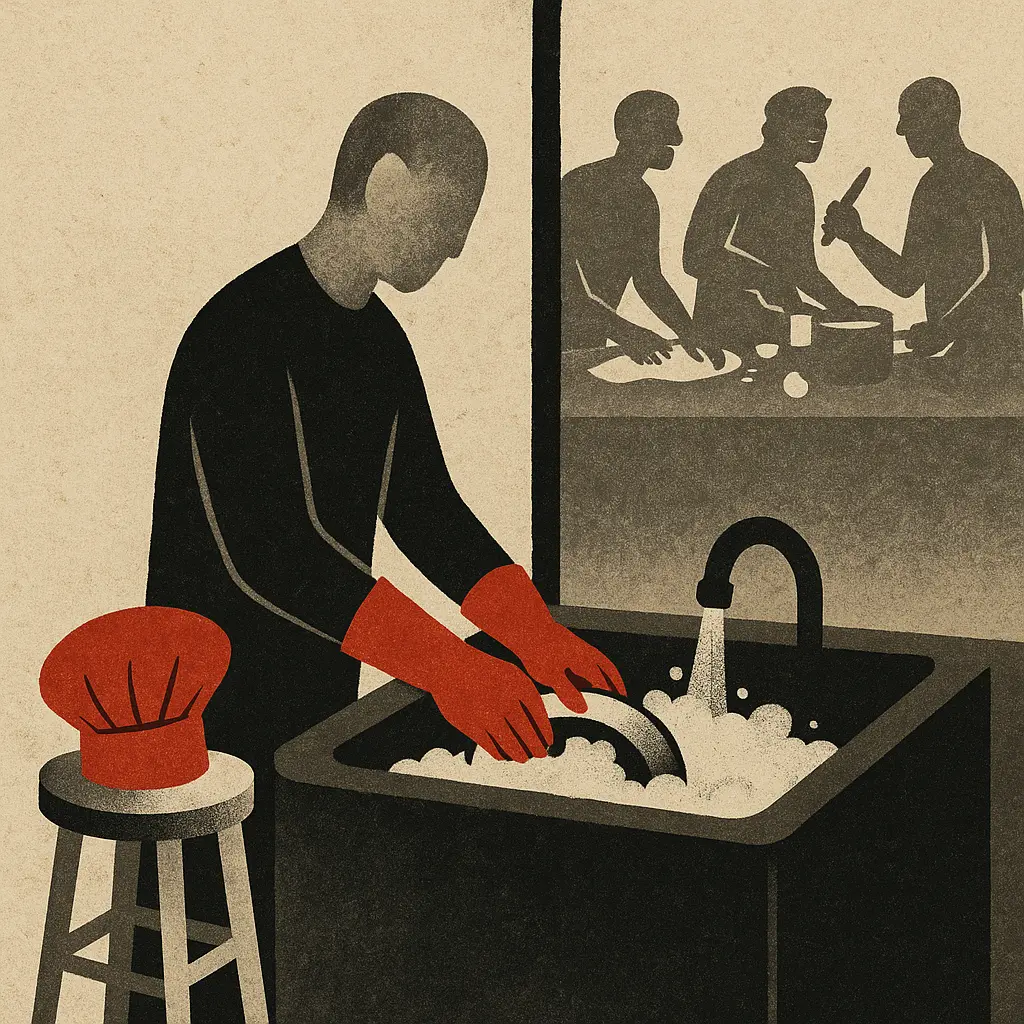 Man in red gloves washes dishes at a sink while three men cook behind a partition; a red chef’s hat rests on a stool