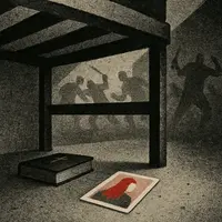 Bible and red-haired woman's photo beneath a prison bunk, with riot silhouettes in the background