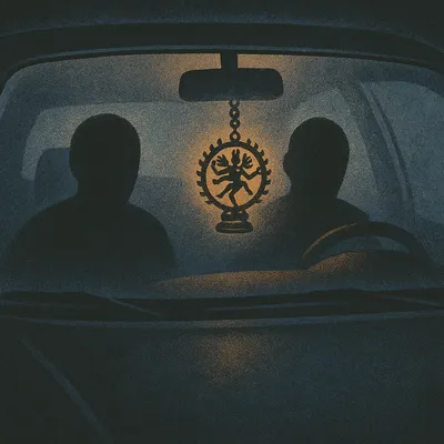 Two silhouettes in car at night with bronze pendant hanging from rearview mirror
