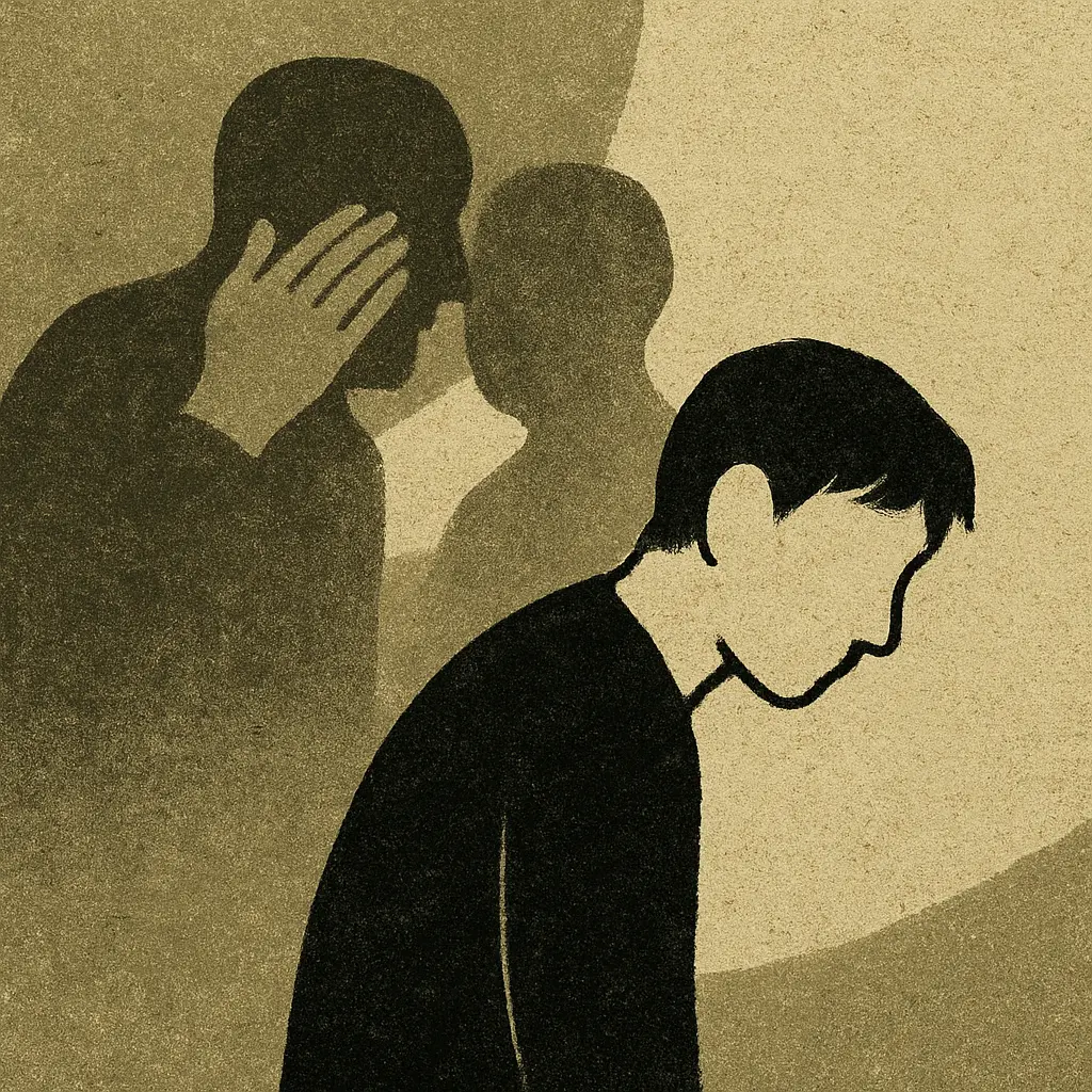 Whispering figures in shadow, one with a hand over their mouth, face a solitary man in profile as a red line links them.