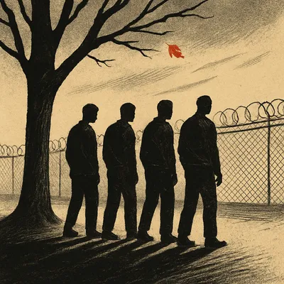 Four silhouetted men stand under a bare tree near a barbed-wire fence, with a single red leaf falling above them.
