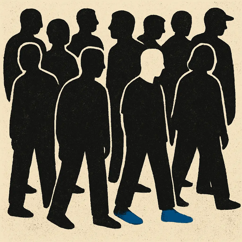 Eleven figures in black and cream stand together, one wearing bright blue slip-on shoes.