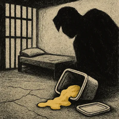 Prison cell with spilled cheese tub and looming shadowy figure
