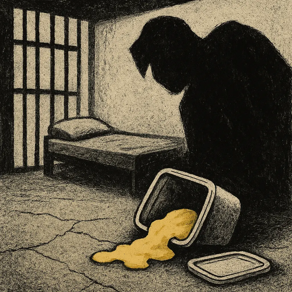 Prison cell with spilled cheese tub and looming shadowy figure