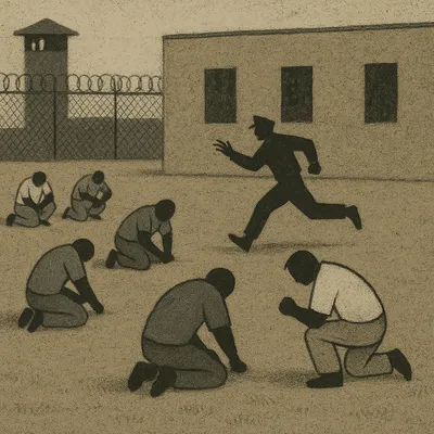 Prison yard lockdown with inmates crouching and guard running across compound
