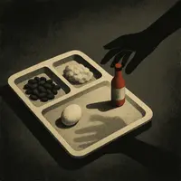 Prison meal tray with beans, vegetables, and egg; hand offering red hot sauce bottle