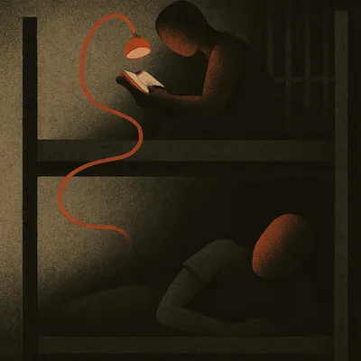 Two inmates in prison cell, one reading on top bunk with lamp, other reclining below looking up
