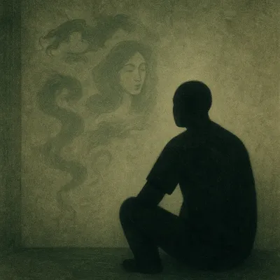 Prisoner sitting alone in dark prison cell, looking at textured concrete wall
