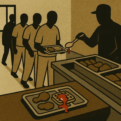 Prison chow line with inmates waiting for food, server ladling syrup onto waffles beside fried chicken
