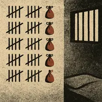 Prison wall with tally marks, every fifth marked by a red bag; barred window and bed visible on the right