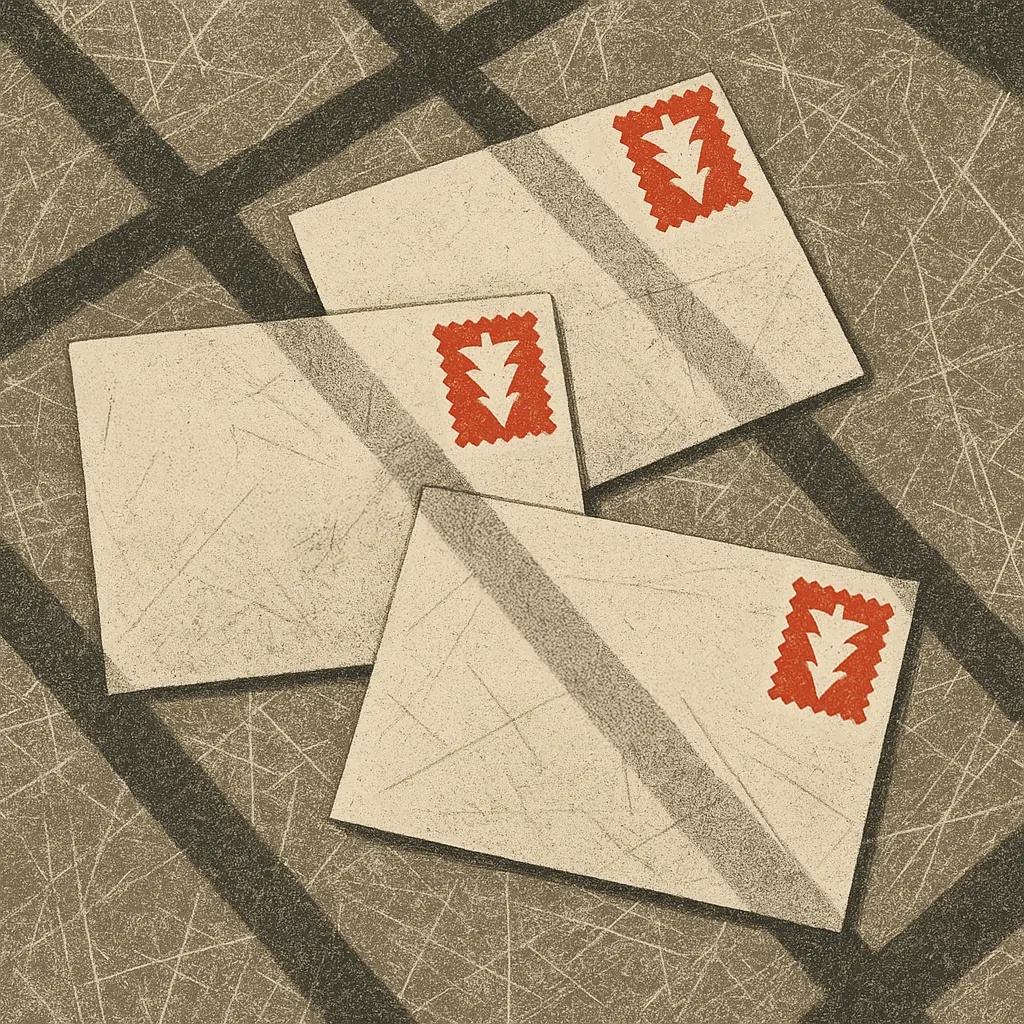 Three cream-colored envelopes with red Christmas tree stamps on a scratched surface crossed by dark prison bar shadows.
