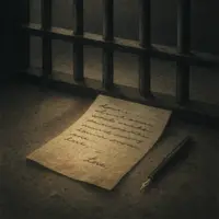 Handwritten letter on concrete floor near fountain pen, illuminated by soft light through prison cell bars in dim, textured room.