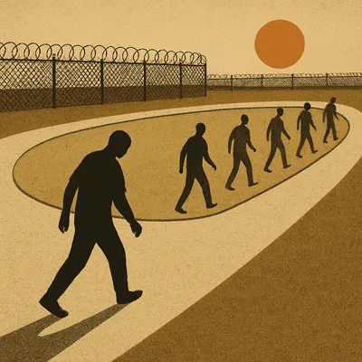 Prisoner walking on track at sunset, surrounded by razor wire fencing
