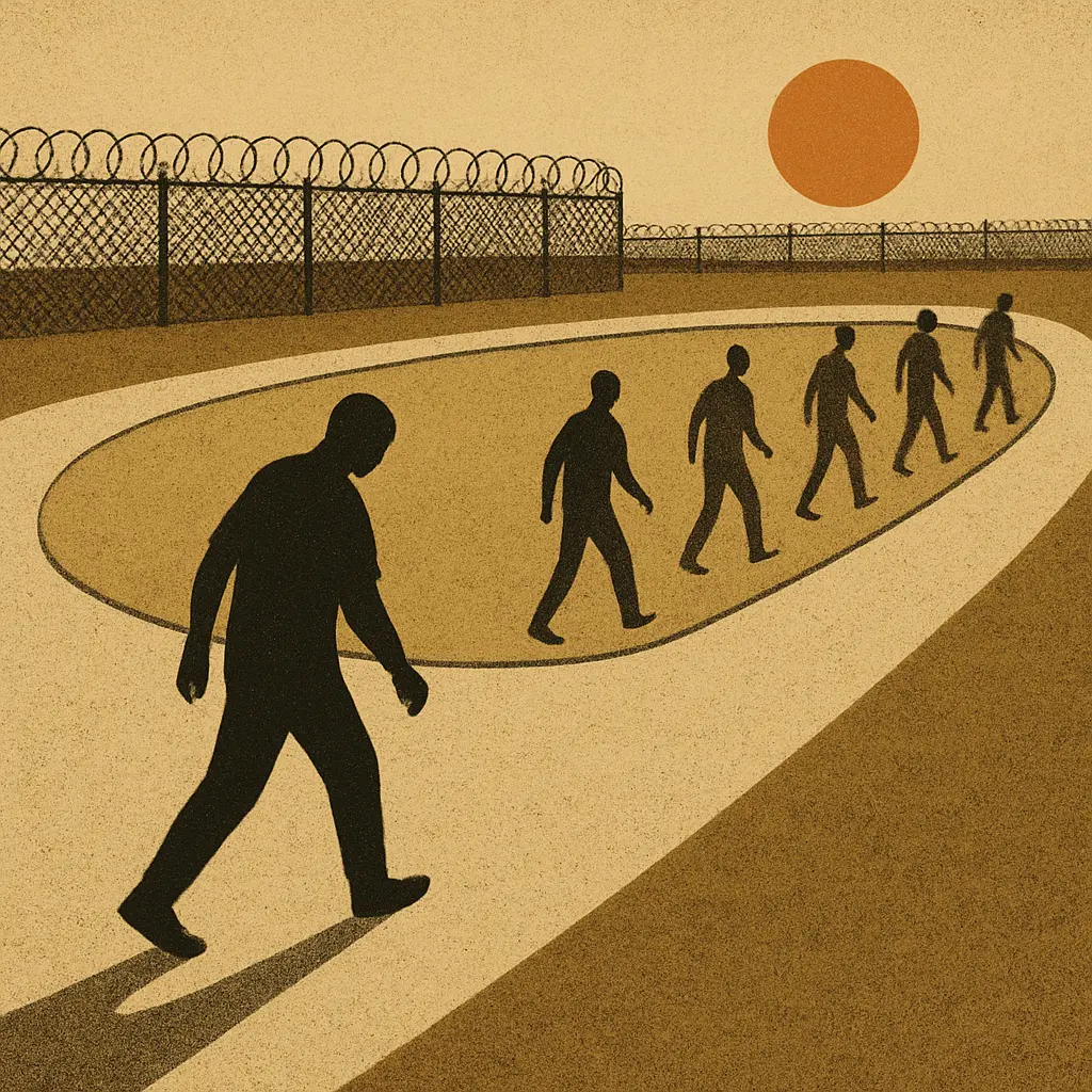 Prisoner walking on track at sunset, surrounded by razor wire fencing