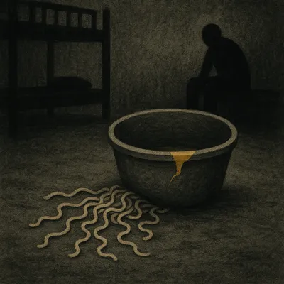 Spilled Tupperware bowl with scattered ramen noodles on cell floor, hunched figure on lower bunk
