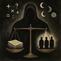 Faceless robed figure behind brass scales balancing legal papers on one side and three shadowy silhouettes on the other.