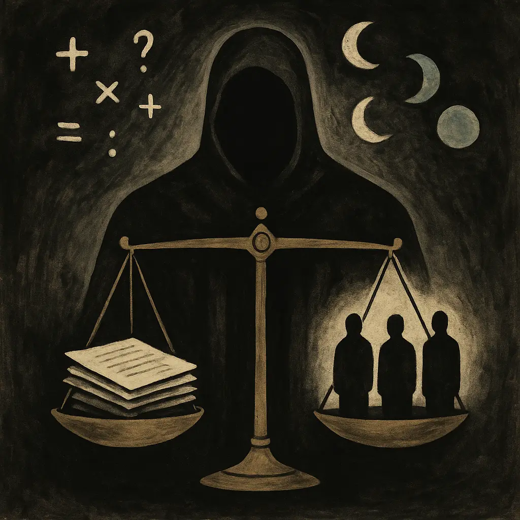 Faceless robed figure behind brass scales balancing legal papers on one side and three shadowy silhouettes on the other.