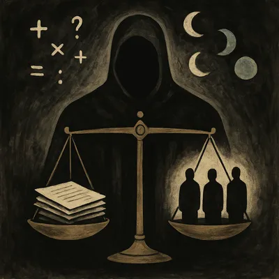 Faceless robed figure behind brass scales balancing legal papers on one side and three shadowy silhouettes on the other.