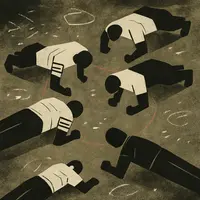 Five men in prison uniforms hold plank positions on a gritty gym floor.