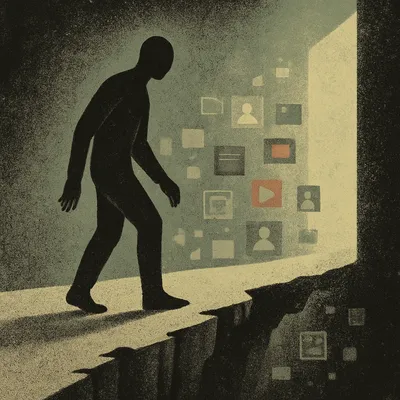 Faceless figure on decaying digital bridge above void of online pornography icons
