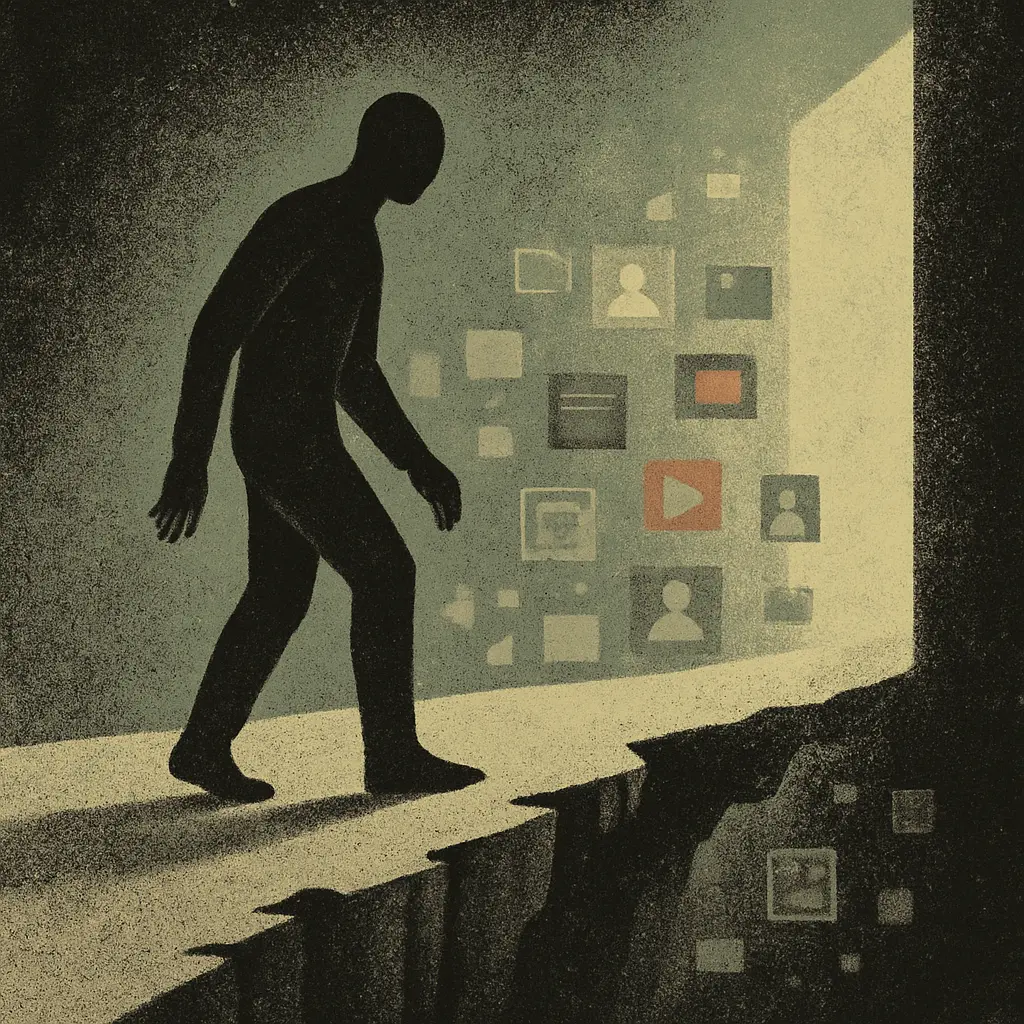 Faceless figure on decaying digital bridge above void of online pornography icons