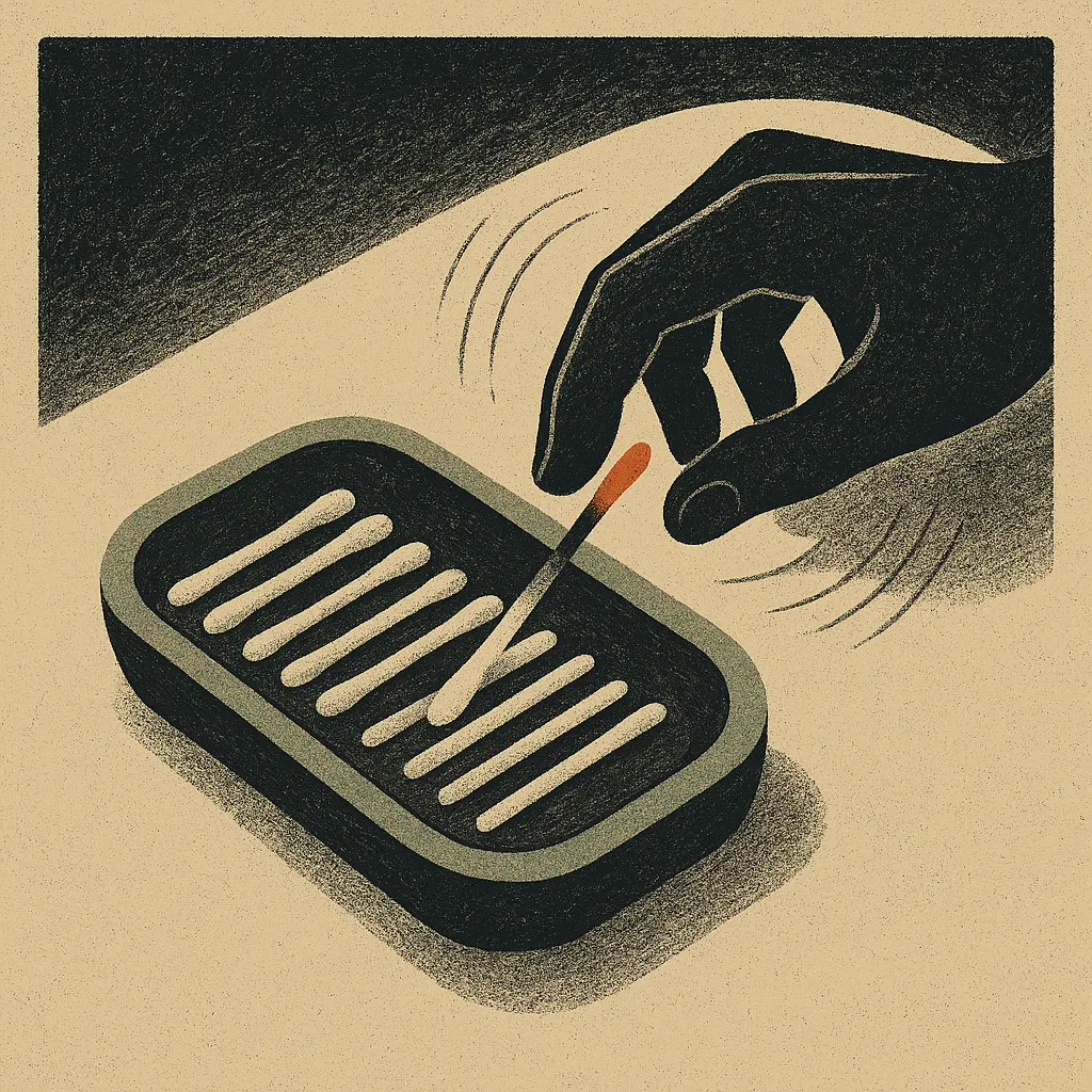 Soap dish with neatly aligned cotton swabs, one swab with a red tip, and a hand reaching toward it.