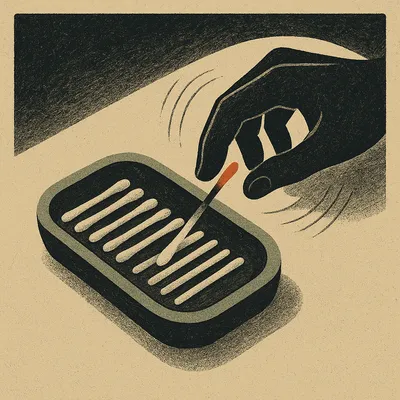 Soap dish with neatly aligned cotton swabs, one swab with a red tip, and a hand reaching toward it.
