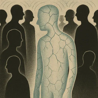 Cracked figure stands alone among faceless black silhouettes in crowd
