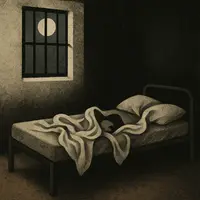 Empty lower prison bunk with twisted sheets, moonlight through barred window