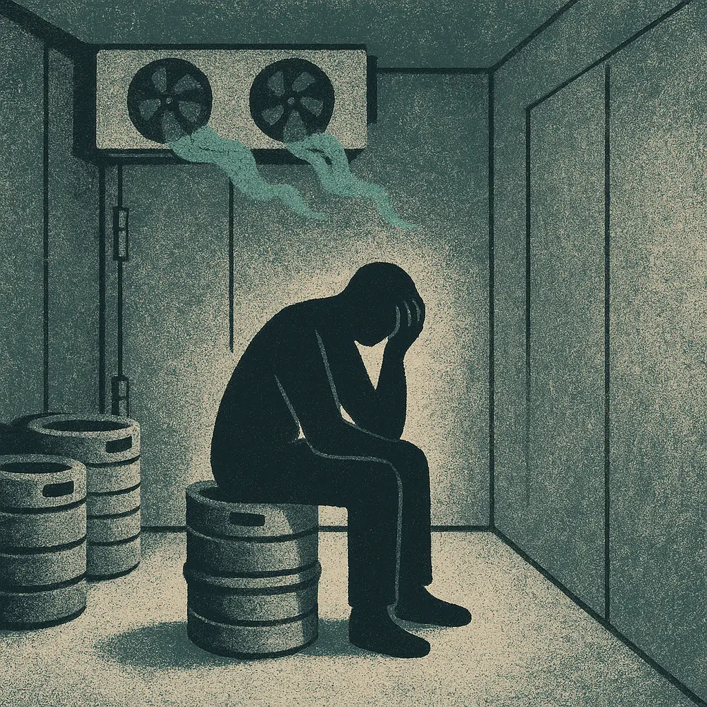 Dallas sex offender sits alone on beer keg in walk-in cooler surrounded by mist and industrial walls reflecting isolation