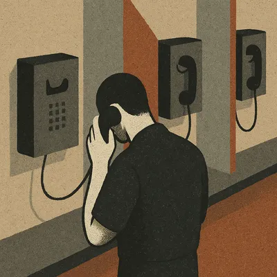 Prisoner in uniform stands with back to viewer at a wall-mounted phone, head bowed, between partitioned phone booths.
