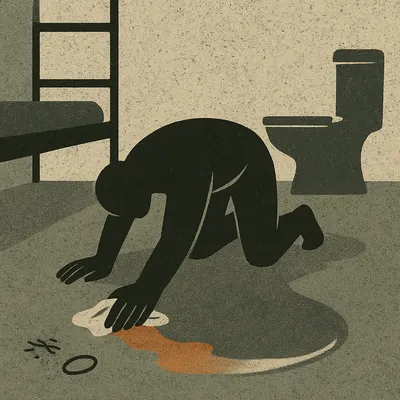 Prisoner cleaning cell floor on hands and knees with bunk bed and toilet visible
