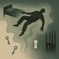 Inmate falling from prison bunk into mist with keys, bars, and keyhole visible