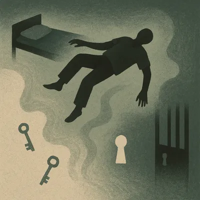Inmate falling from prison bunk into mist with keys, bars, and keyhole visible
