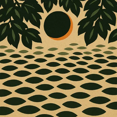 A solar eclipse shines through birch leaves, casting crescent-shaped shadows across the ground in sepia and green tones.