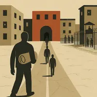 Single-file line of prisoners carrying bedrolls walks toward a red-brick prison building as others watch from behind a fence