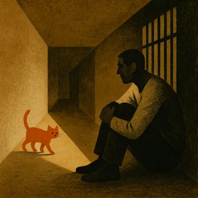 Man sitting alone in dim room with orange cat walking toward him in beam of light
