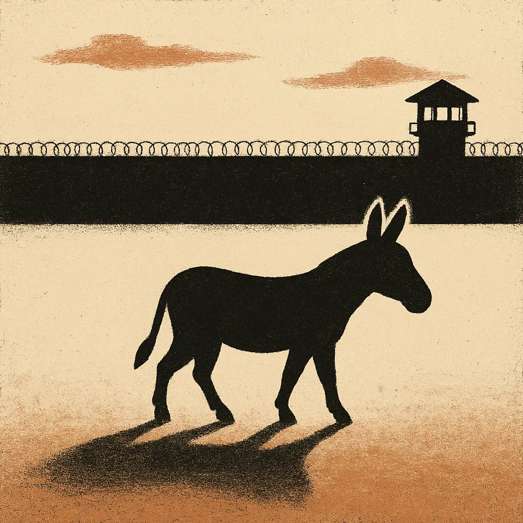 Donkey silhouette casting long shadow on dusty ground with prison fence and guard tower in background under cloudy sky.