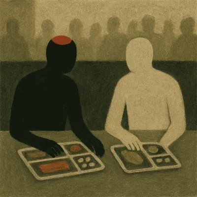 Two faceless figures sit at a table with compartmentalized food trays; one wears a red kippah.
