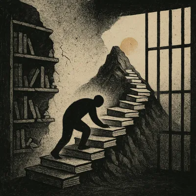 Person climbing staircase made of books in prison cell, golden light beyond bars
