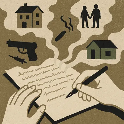 Hands writing on paper with memory images rising above: houses, doorway, figures, gun, syringe
