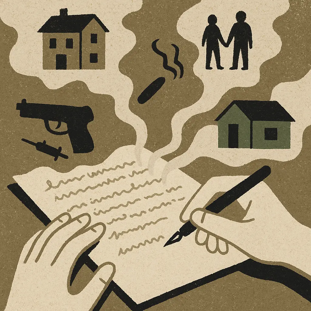 Hands writing on paper with memory images rising above: houses, doorway, figures, gun, syringe