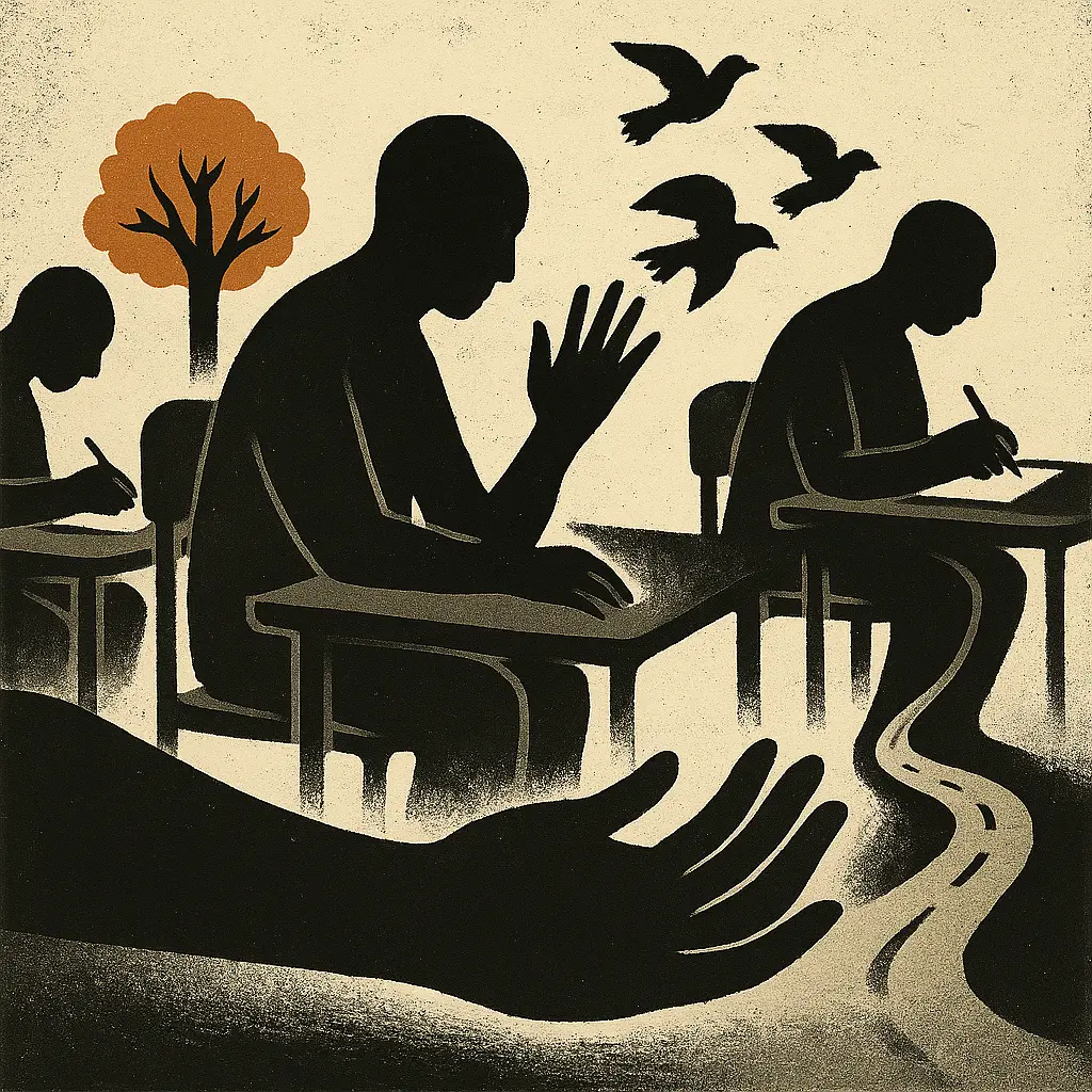 Students writing at desks in classroom with large open hand in foreground, path with trees and birds