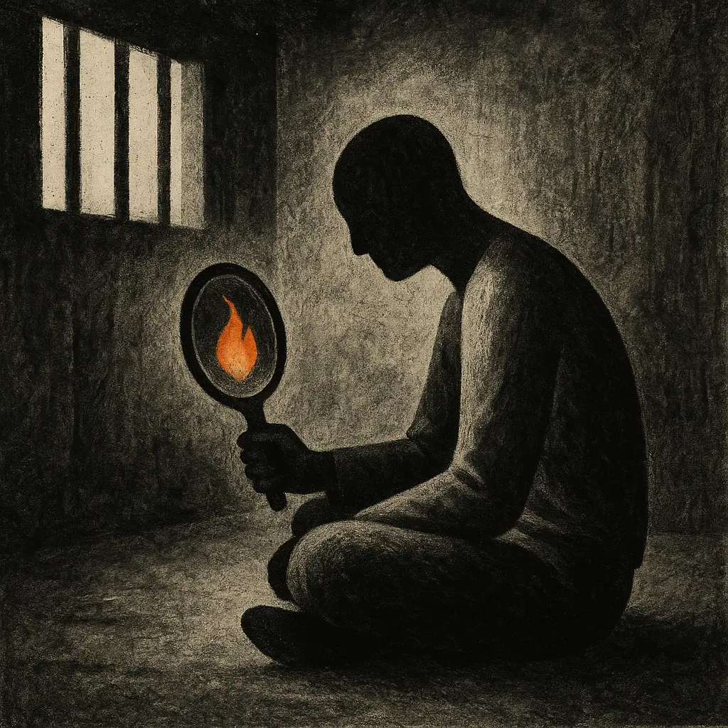 Inmate seated cross-legged in prison classroom holding mirror with flame reflection, barred window