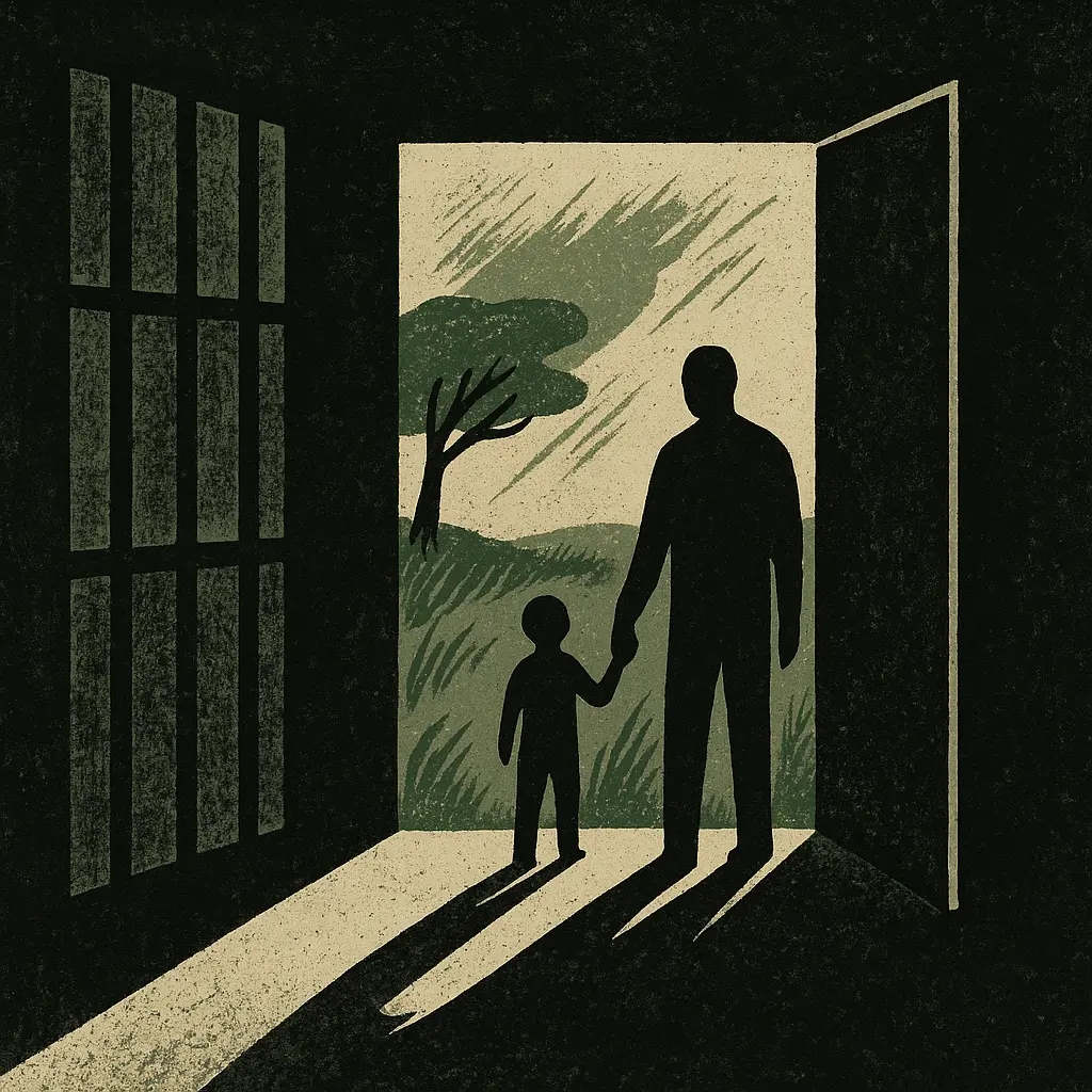 Father holding child's hand, walking from prison cell toward sunlit landscape