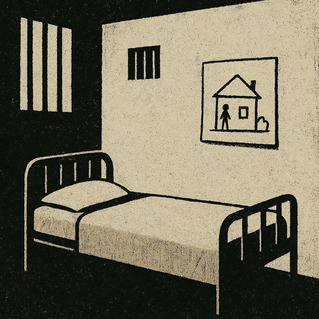 Prison cell with a simple bed and a child's drawing of a person standing by a house taped to the wall.