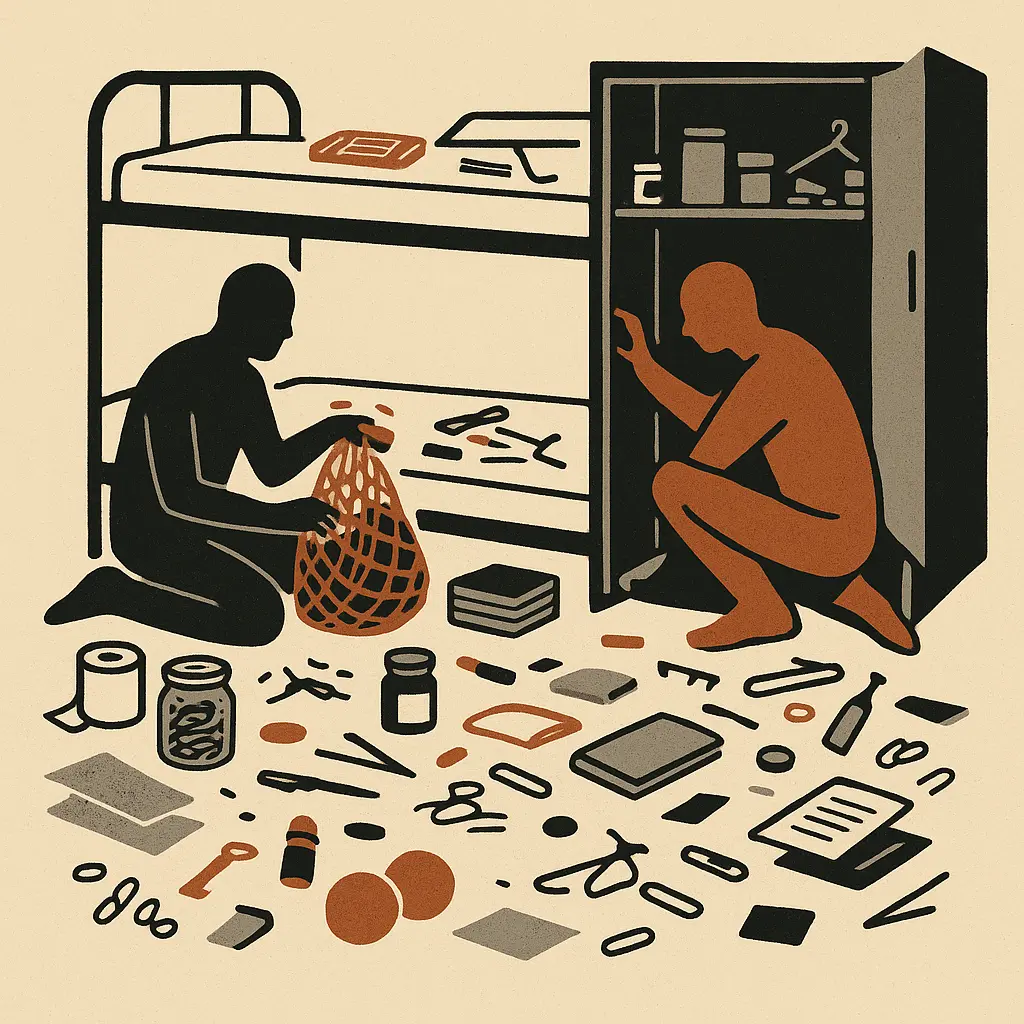 Two faceless figures sort scattered belongings in a sparse prison cell with a bunk bed and open locker.