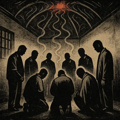 Kneeling and standing prisoners form a circle in a dim room as their breath rises toward a red glow on the ceiling.