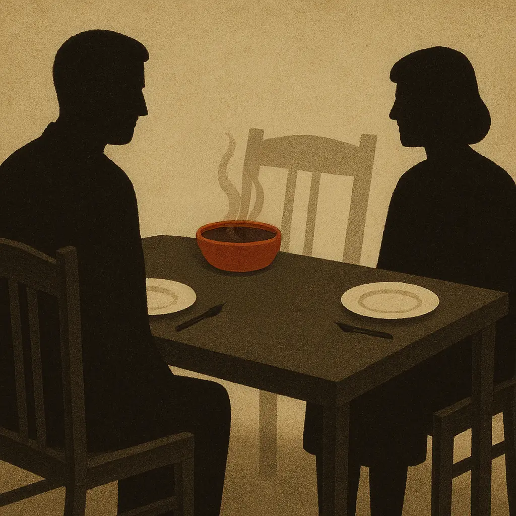 Two silhouetted figures at wooden dinner table with empty chair and steaming red bowl